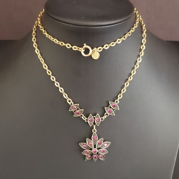 Caroline Necklace Gold Tone Purple Rhinestones in Black Art Deco Style Signed - Picture 9 of 9